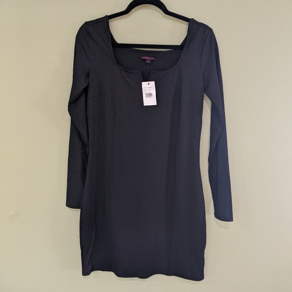 Material Girl classic black ribbed dress. (L) New